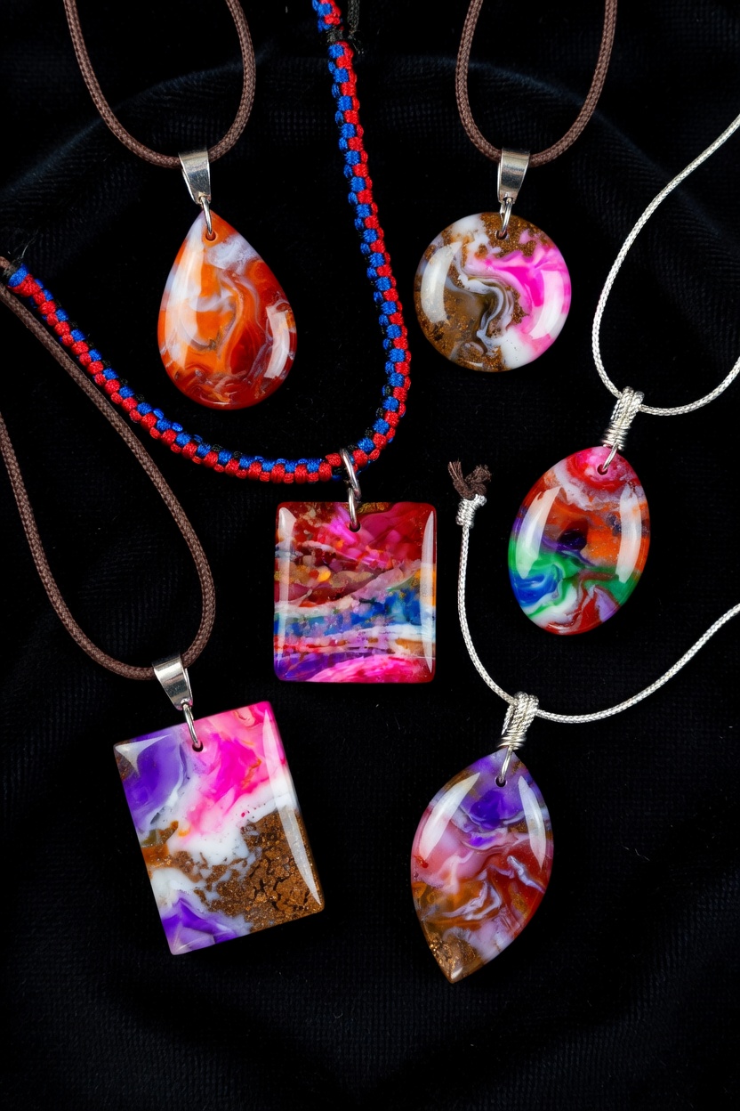 Collection of fordite pendants on black velvet