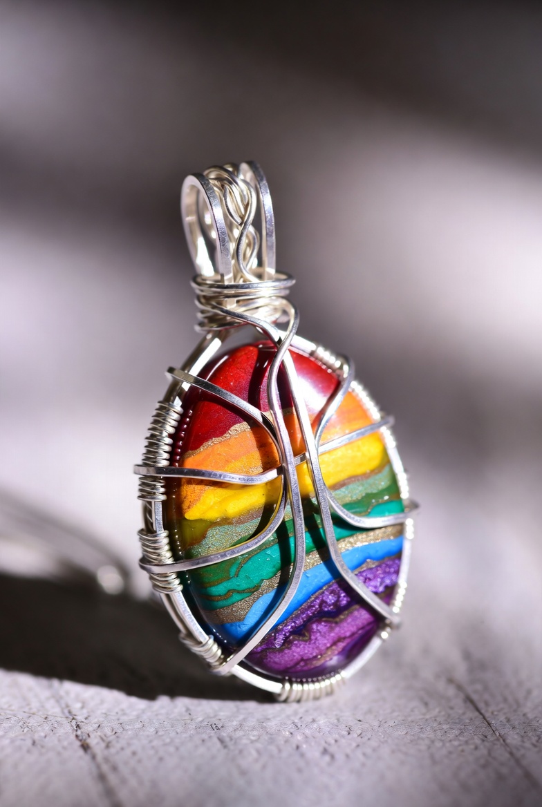 Rainbow-striped fordite oval pendant