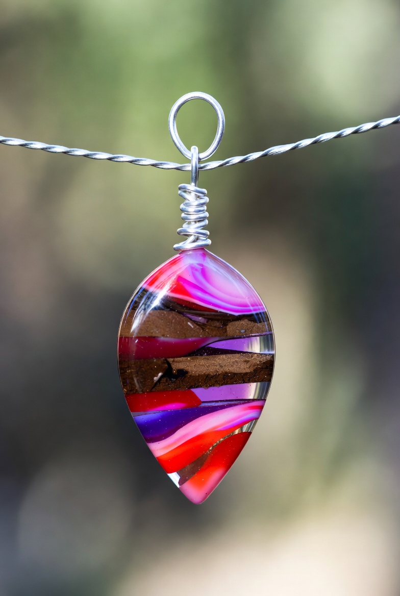 Striated pink leaf-shape fordite pendant