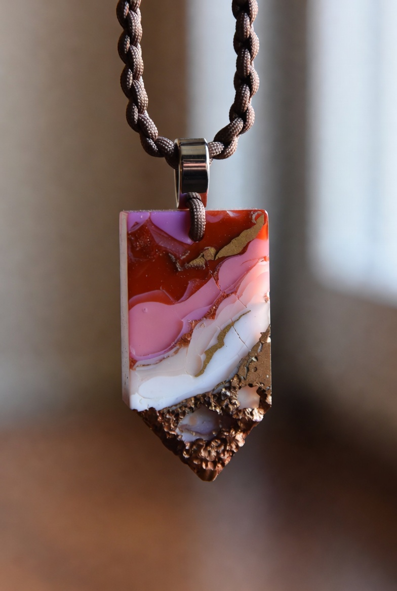 Pink and copper shield fordite pendant